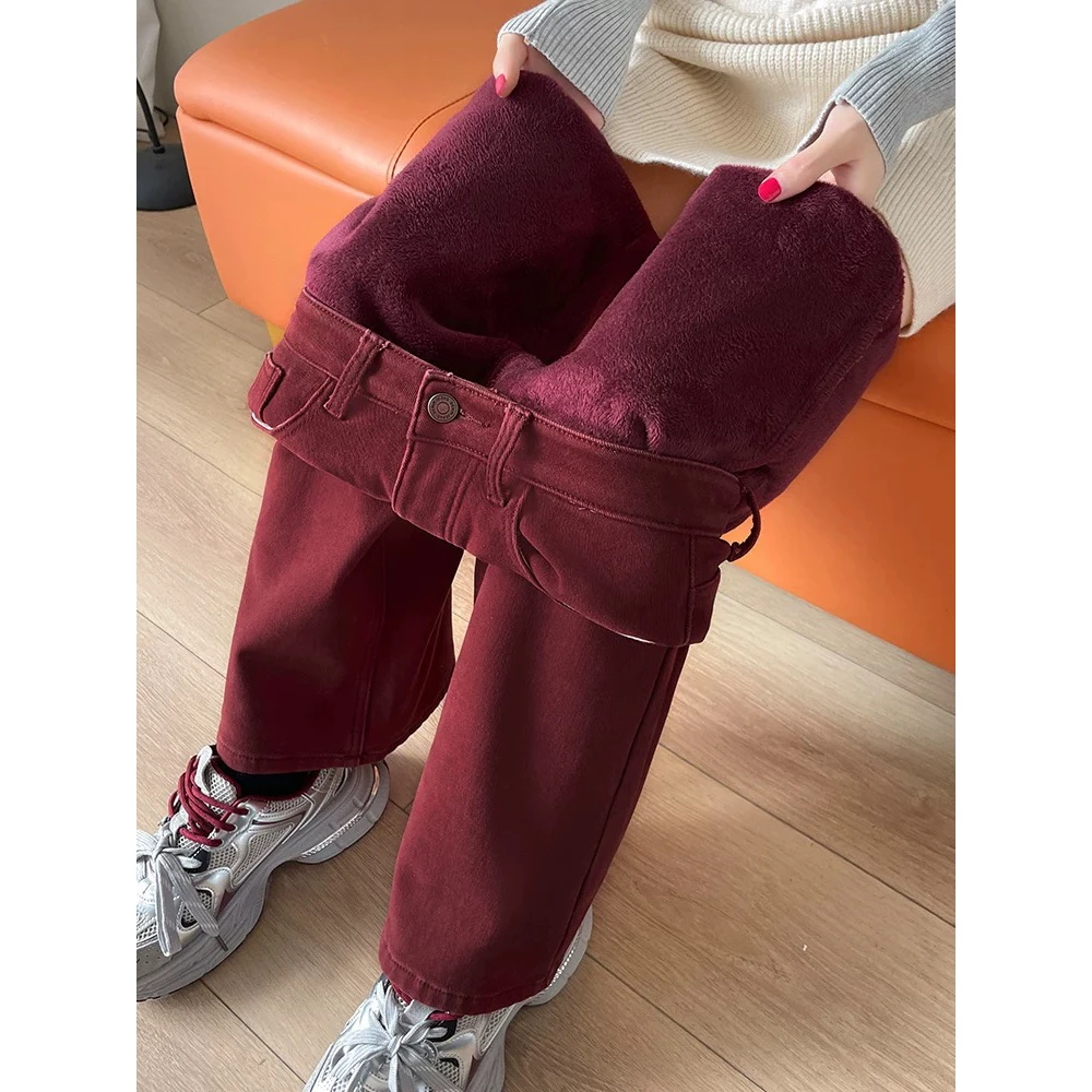 妮妮家3860安可拉红加绒加厚宽松显瘦微喇牛仔裤