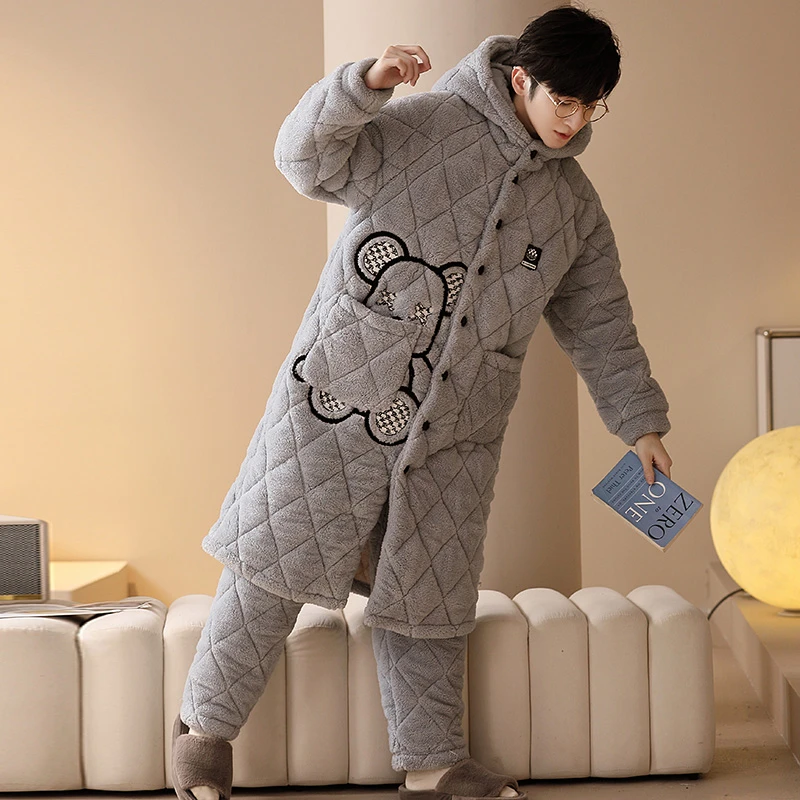 三层夹棉加厚睡袍冬季男士睡衣加厚加绒款珊瑚绒冬天家居服 7813