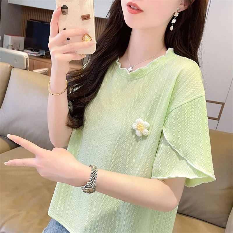 小众设计感短袖T恤女夏季2025新款宽松洋气拼接花朵小个子上衣ins