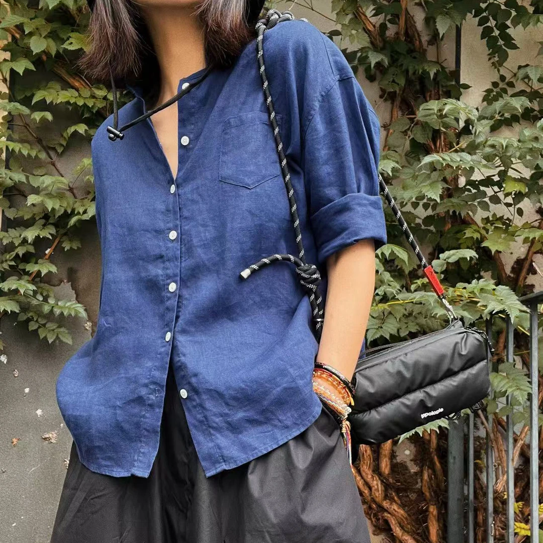 【竹外知时】经典小立领亚麻衬衫