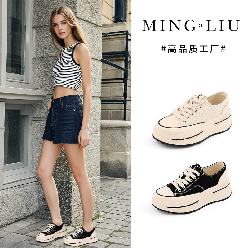 内里头层羊皮帆布鞋2025春季新款女士增高厚底鞋女休闲百搭鞋子女