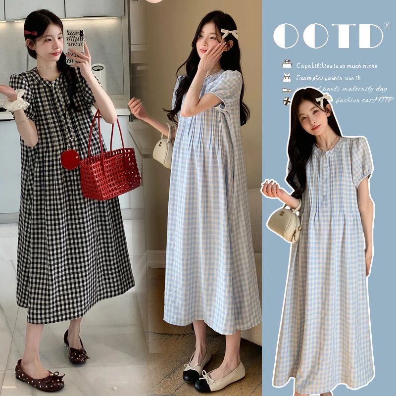 孕妇装夏装短袖格子衬衫连衣裙宽松大码休闲显瘦裙子夏季孕妇裙子