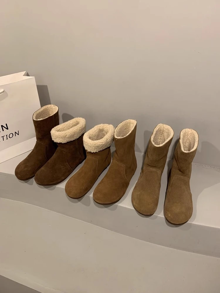两穿法真皮雪地靴女冬2024年新款森系复古羔毛毛短靴加绒棉鞋子