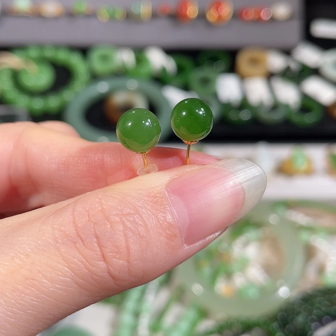 和田玉（碧玉）18K金镶嵌耳饰