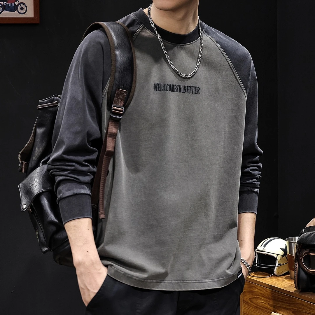 插肩袖拼色长袖t恤男新款春秋纯棉美式潮牌男士圆领大码刺绣衣服