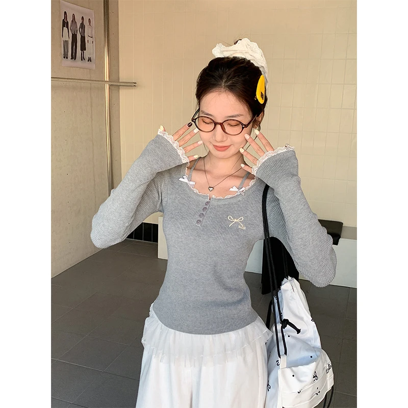春季2025新款半开领蝴蝶结蕾丝拼接针织衫女修身内搭长袖T恤上衣