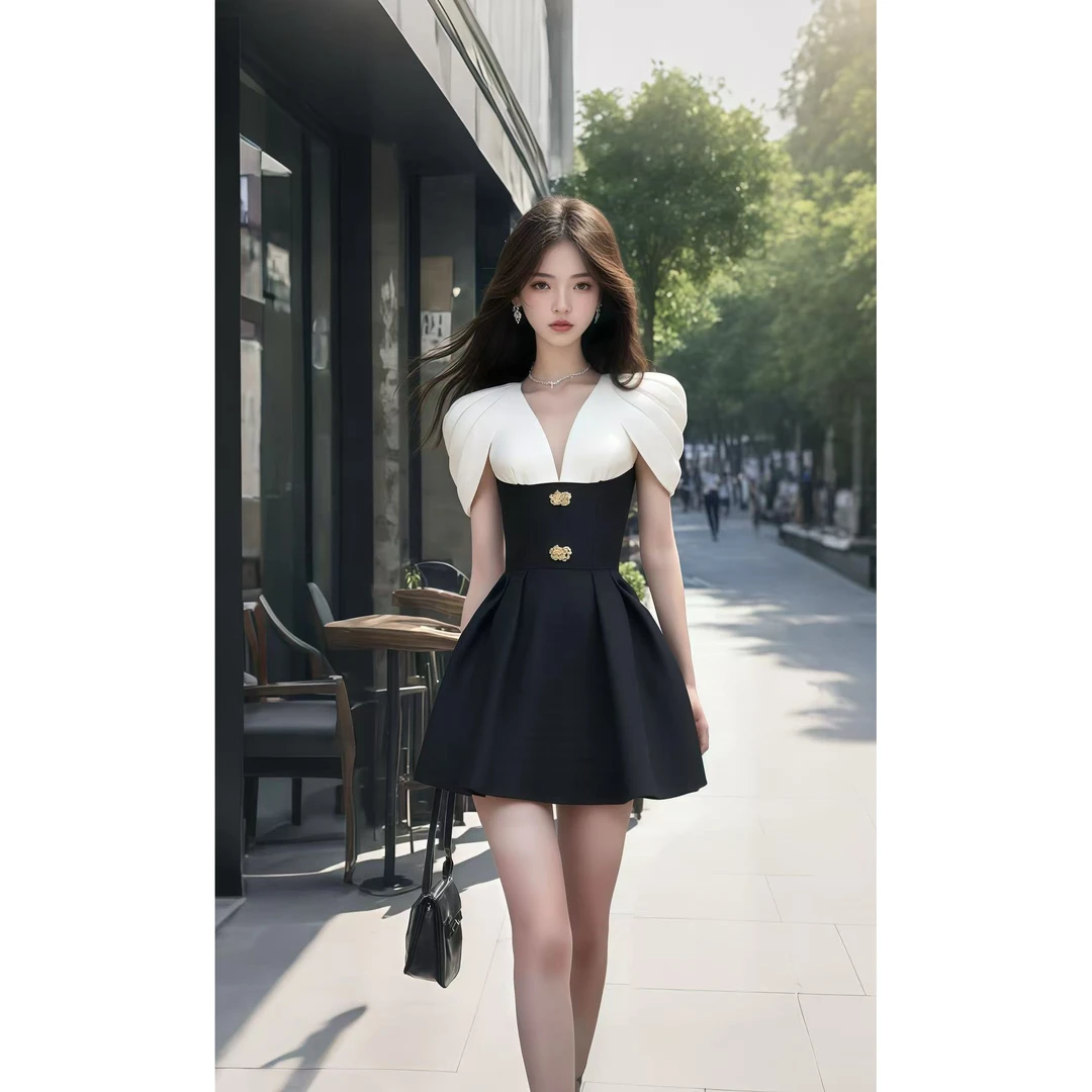 轻奢知性风拼接设计V领收腰连衣裙女小众时尚气质显瘦高级感裙子