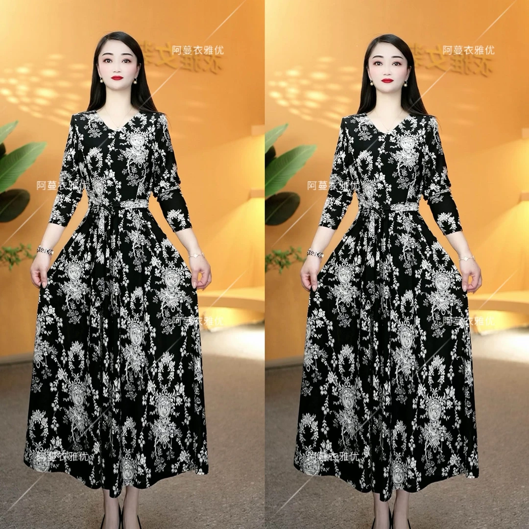 【衣雅严选】8068-1423#新款冰感丝弹力缎气质显瘦系带欧花连衣裙