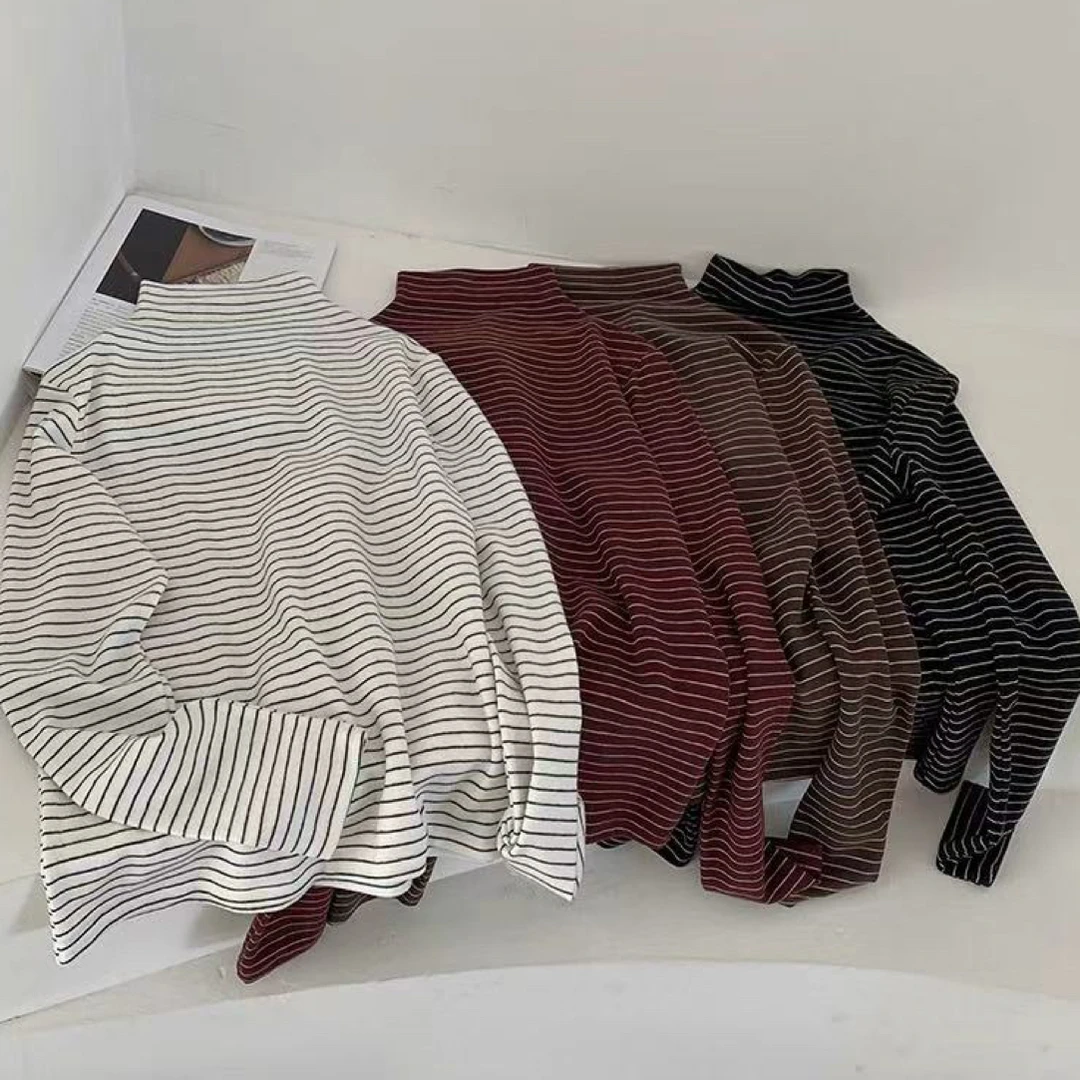 加厚磨毛慕斯绒条纹高领打底衫