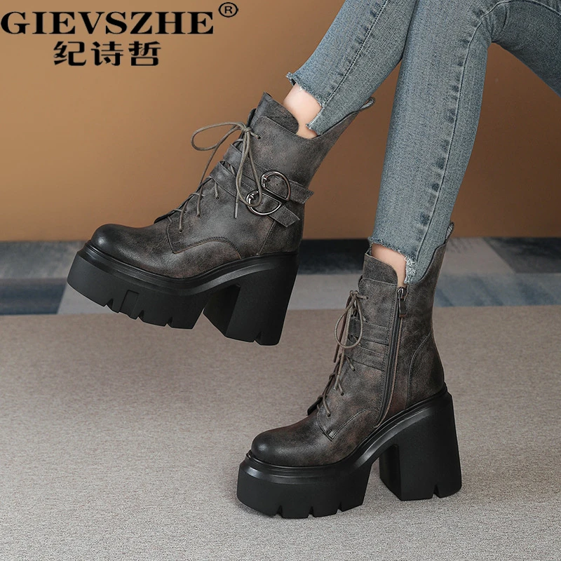 纪诗哲复古厚底马丁靴女秋冬新款英伦风真皮女靴小个子粗跟单靴
