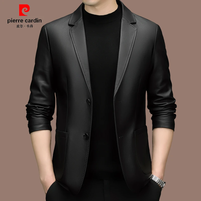 【皮尔卡丹】高档男士皮衣时尚西装领外套秋季休闲韩版帅气男皮夹克
