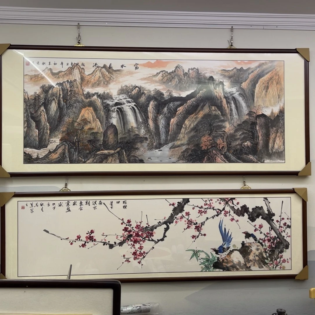 国画富水长流六尺成品画框一幅