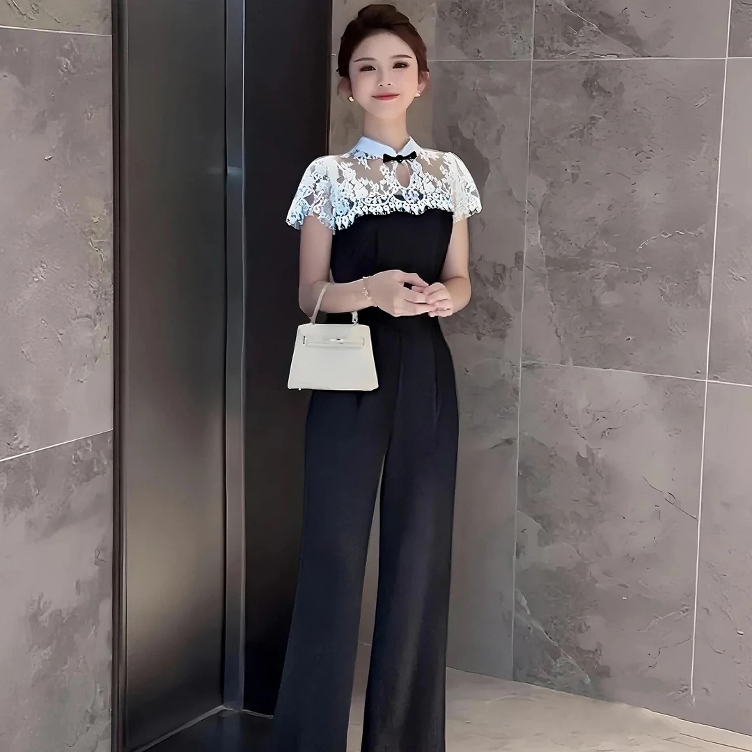 B时尚高级感蕾丝拼接连体裤女夏季新款新中式气质名媛连体衣D3291