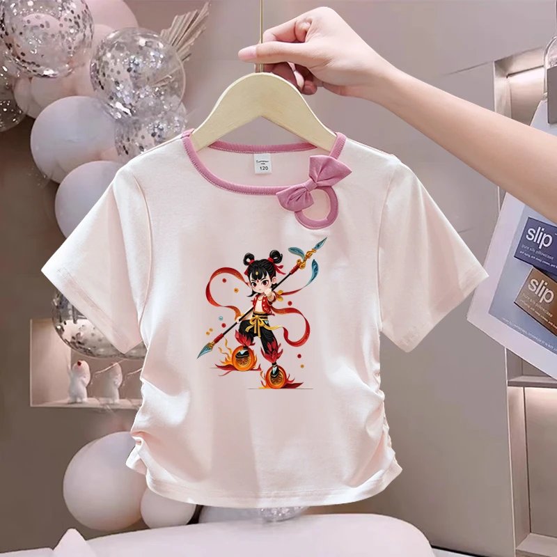 纯棉哪吒百搭时尚T恤夏季洋气新款韩版童装女童印花褶皱短袖上衣