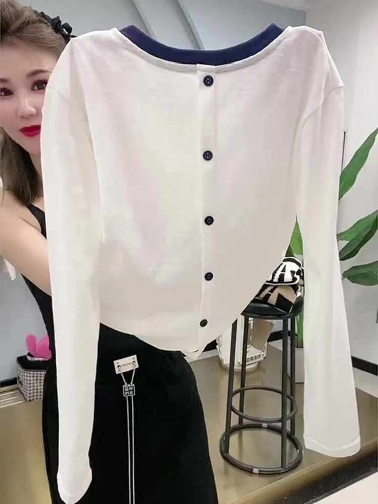 流光风秋季时尚气质简约撞色圆领白色针织衫百搭显瘦休闲长袖开衫