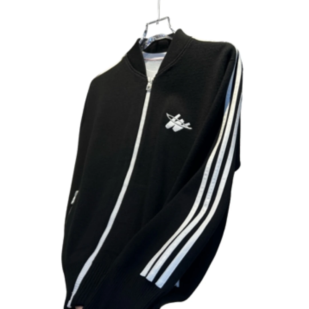 HZQ「动感」棒球领绵羊毛高密针织白拉链撞色开衫外套3810