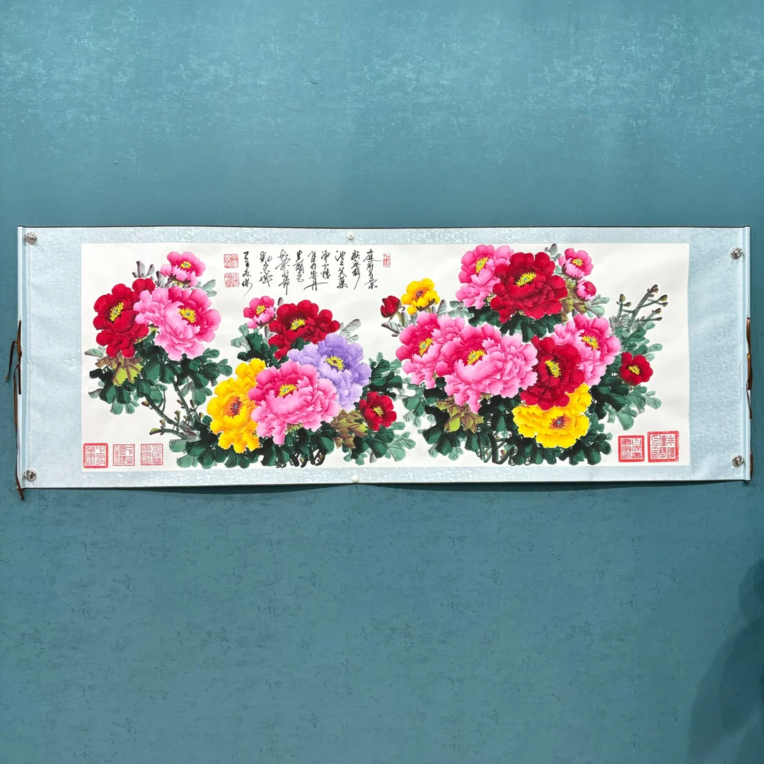书画作品：田 广杰纯手绘《小六尺牡丹》70*200厘米横幅卷轴装裱