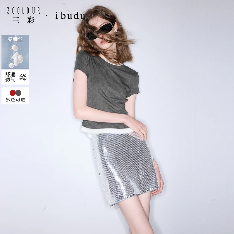 1657三彩2025夏季新款圆领T恤正肩短袖莱赛尔假两件设计感女db
