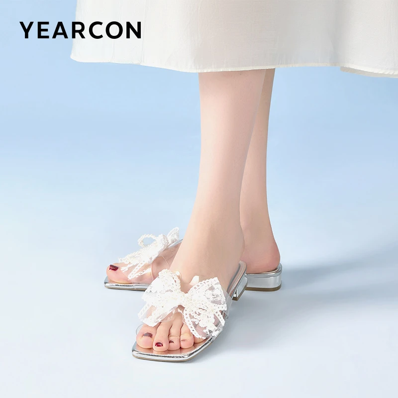 意尔康2025新款修面蝴蝶结一字拖小香风厚底拖鞋中跟夏季时尚凉鞋