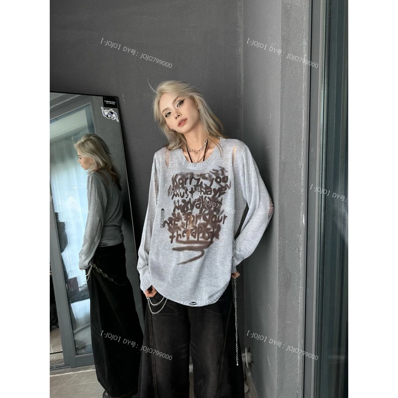 设计感破洞镂空防晒显瘦针织衫女夏季美式慵懒风宽松长袖罩衫