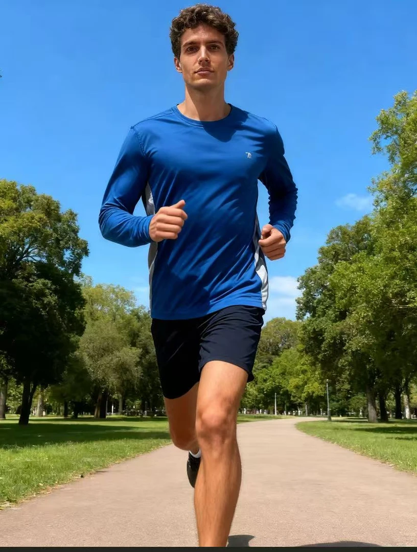 男士印花拼接圆领长袖速干弹力运动T恤休闲打底衫 1563