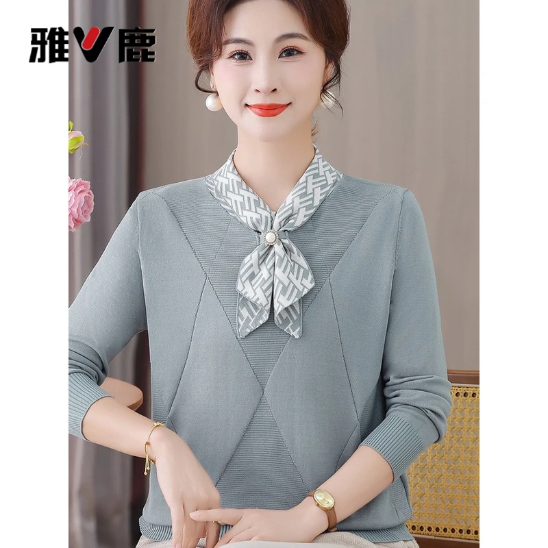 雅鹿优选气质妈妈装秋季新款飘带领针织上衣打底中老年春秋季宽松