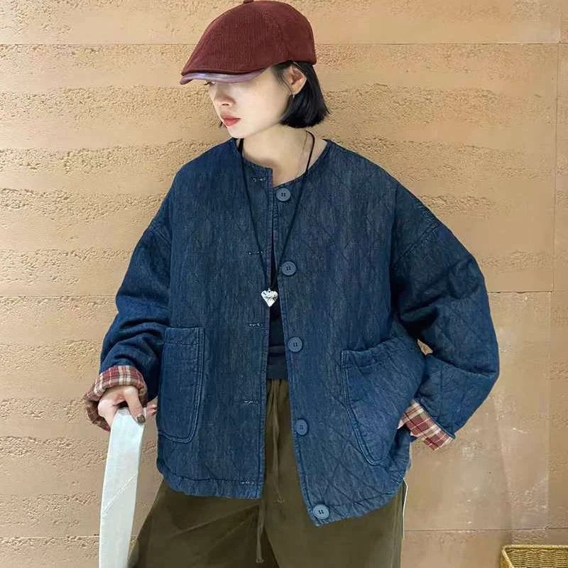 TY56039牛仔棉服外套女宽松大码圆领2025秋冬新款百搭显瘦