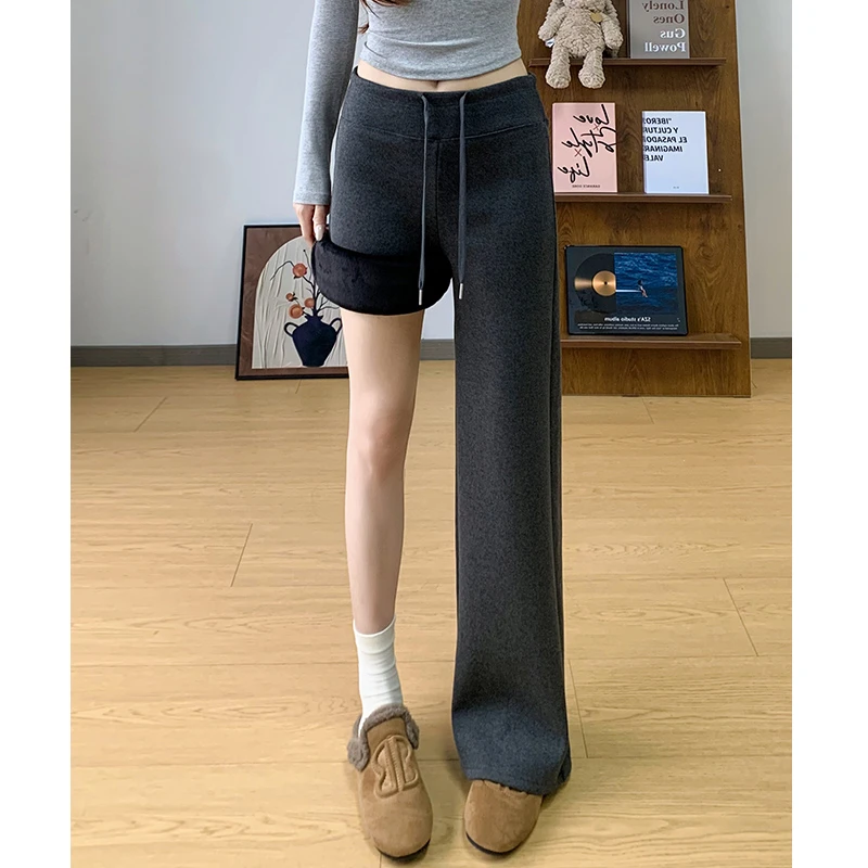 深灰lulu加绒阔腿裤女秋冬2025新款高腰显瘦慵懒风垂感拖地休闲裤