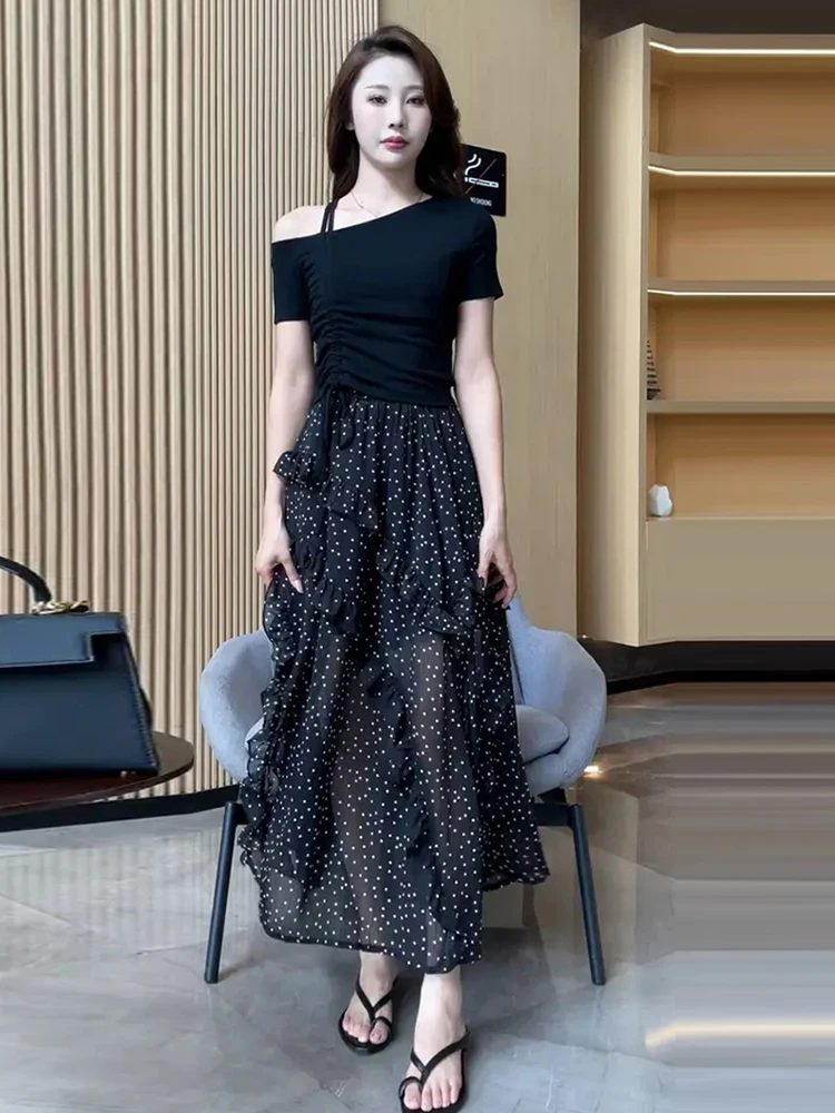 时尚套装裙女2025夏季新款洋气显瘦短袖露肩T恤碎花半身裙两件套