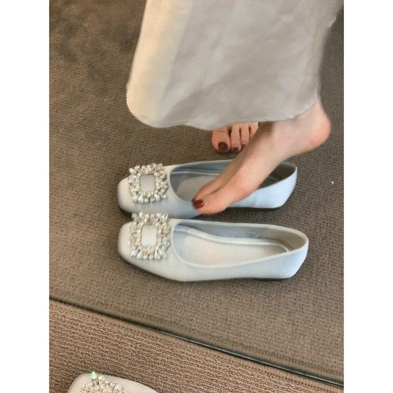 绸缎水钻方扣玛丽珍豆豆鞋瓢鞋春秋方头奶奶鞋单鞋女平底