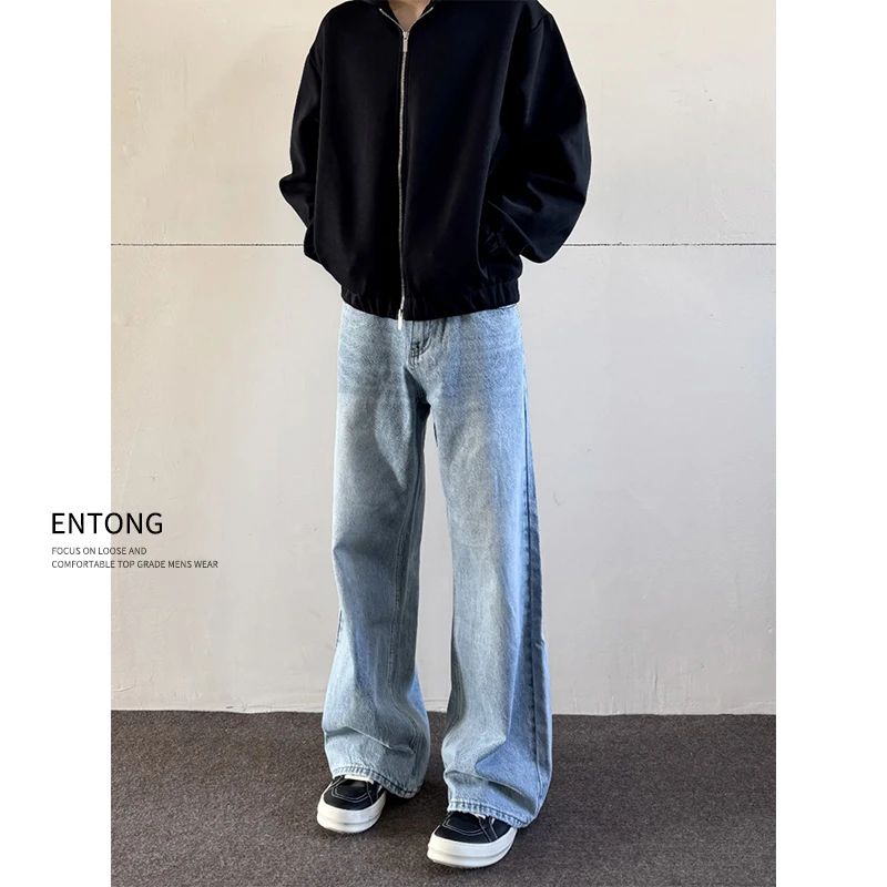 Entong复古浅色直筒牛仔裤男宽松夏季美式痞帅高级感裤子