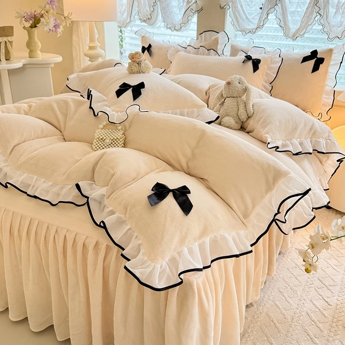 高克重公主风加厚牛奶绒四件套床裙珊瑚三件套法兰防静电花边被套