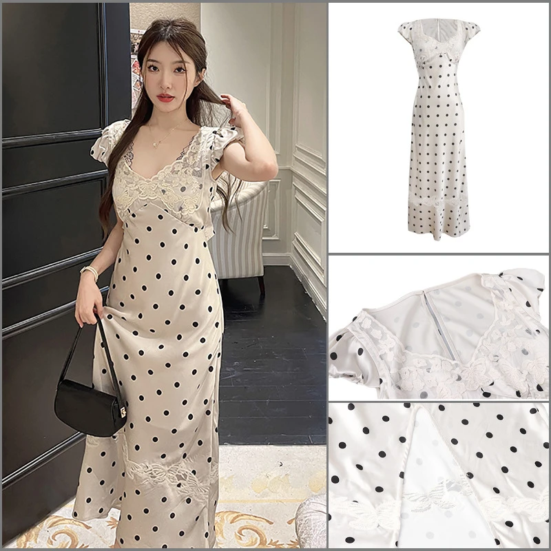 女士时尚气质背心内搭两件套生日裙法式缎面波点连衣裙
