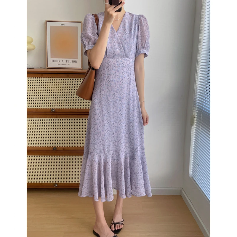 法式气质碎花长裙夏装新款收腰鱼尾裙子领蓝色雪纺连衣裙女