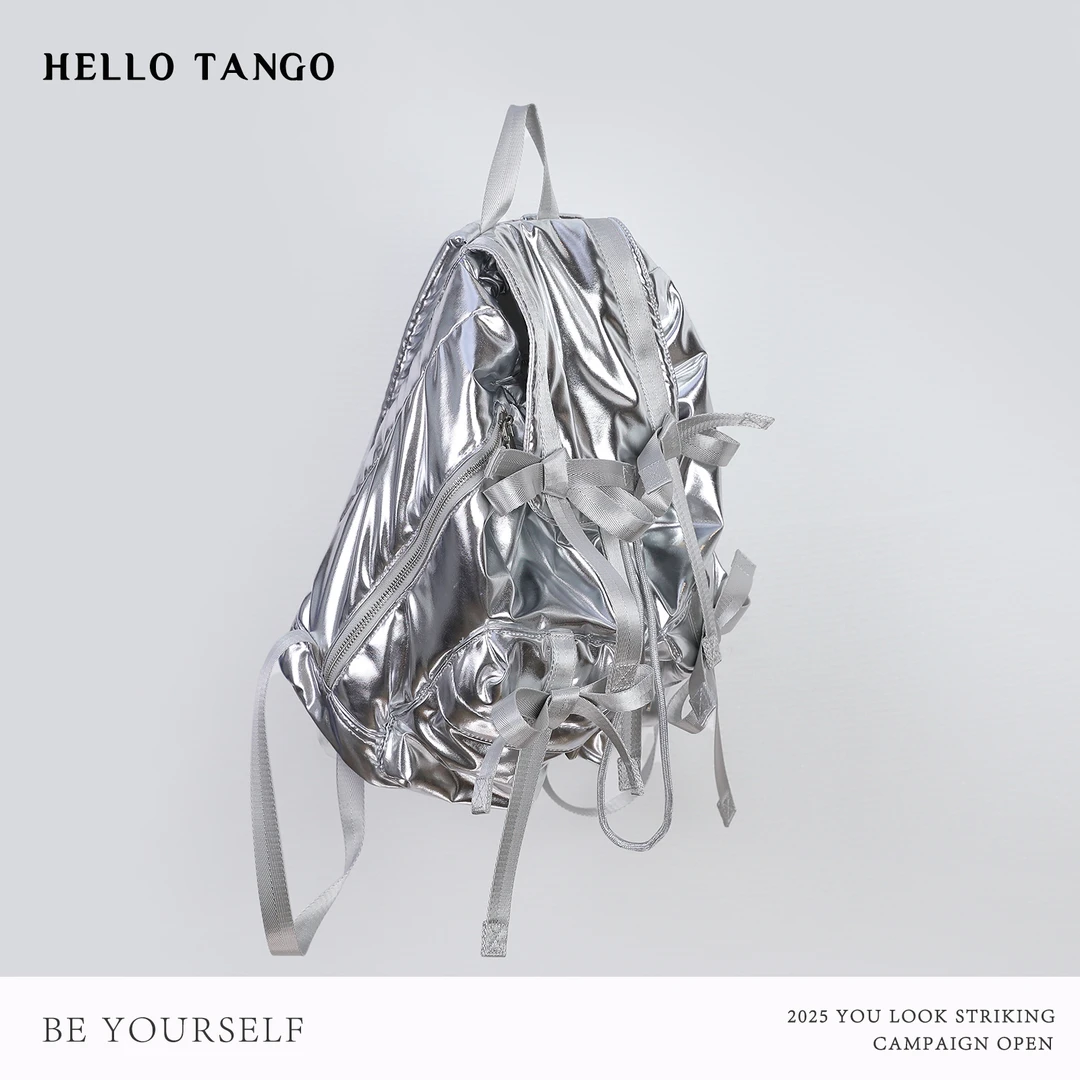 HELLOTANGO日系甜酷百搭银色蝴蝶结双肩包