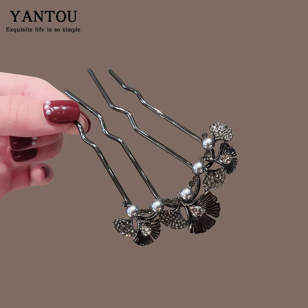 珍珠银杏叶U形发簪女2025新款气质发梳后脑勺高级感盘发插梳头饰