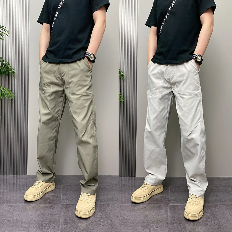 秋季新款宽松直筒痞帅潮流拼接男士休闲裤弯刀裤百搭纯色阔腿裤男