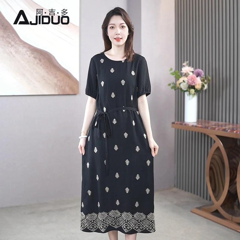 黑色短袖妈妈装连衣裙女夏季新款通勤气质印花宽松大码裙子A21727