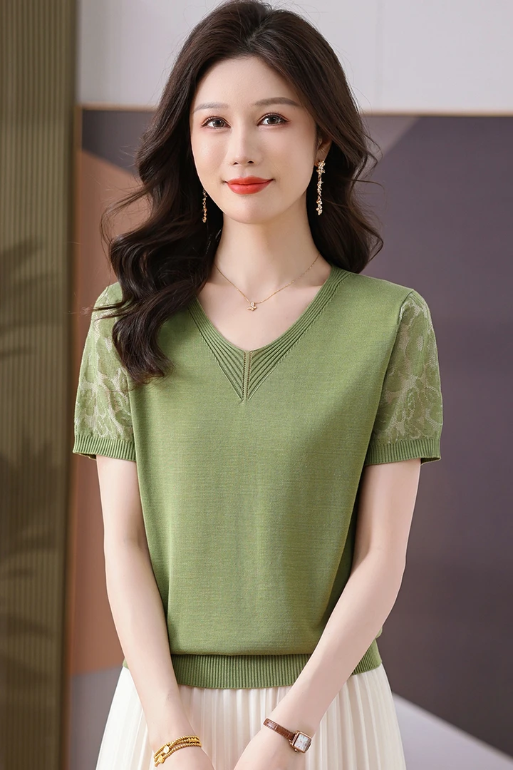 【天丝】夏季新款女士V领短袖T恤洋气宽松显瘦针织薄款时尚百搭
