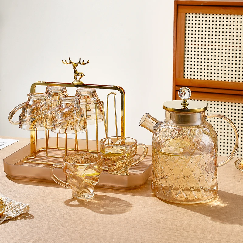 水壶套装7件套简约风家用中国风凉水杯小清新耐热钻石锤纹水壶