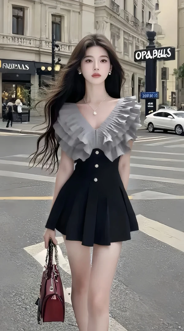 优雅高端大气法式温柔灰黑拼接设计V领连衣裙轻奢时尚高级氛围感