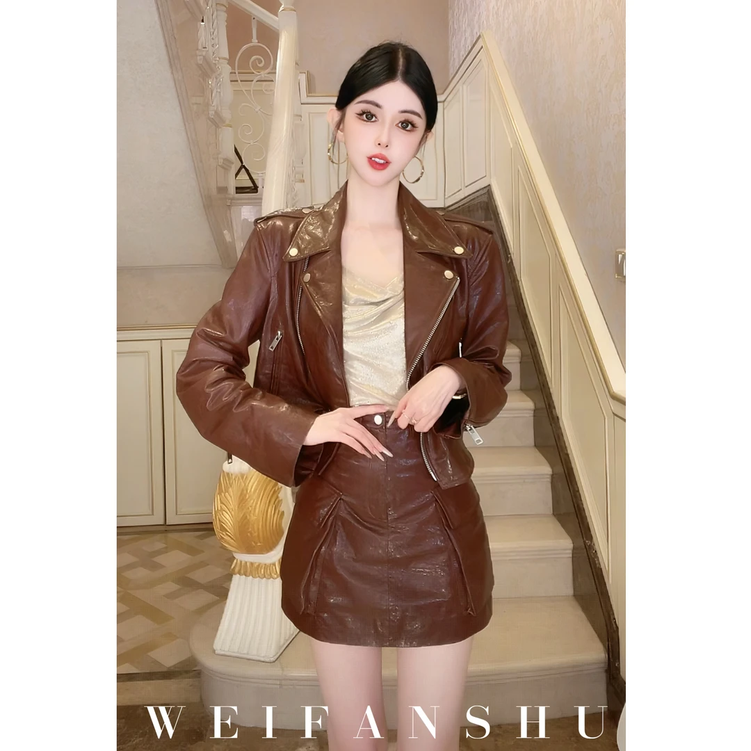 WEIFANSHU/魏凡舒【超A御姐】秋冬新款时尚御姐短款百搭小羊皮外套