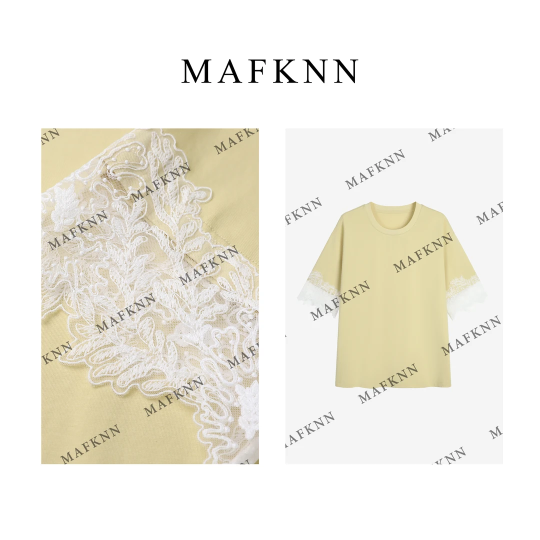MAFKNN/玛肯时尚休闲简约纯色百搭圆领袖口蕾丝边T恤MK11952