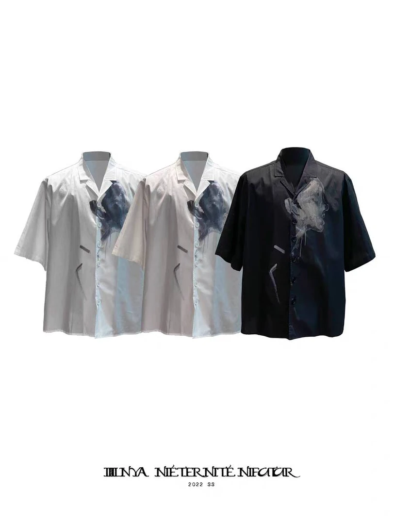 「 凌鸦ILNya 」支离_黑/白 油墨画女侧脸印花短袖衬衫 短宽版型