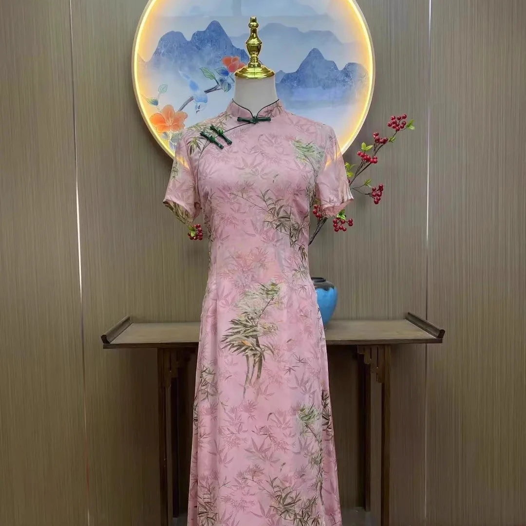 诺妮-粉色竹子印花奥黛旗袍（微瑕，介意慎拍）