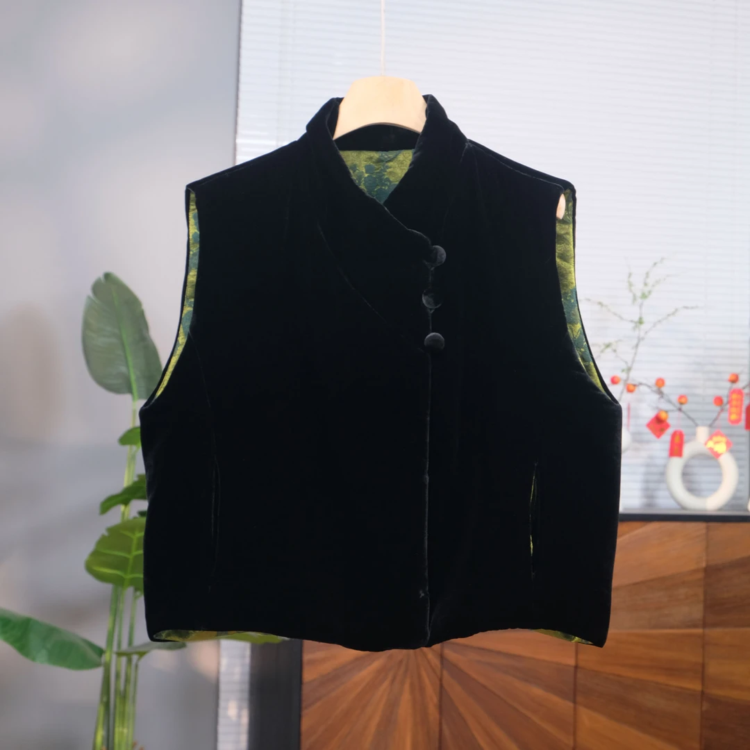 真丝丝绒双面穿棉服女冬季新款立领设计感百搭桑蚕丝马甲外套