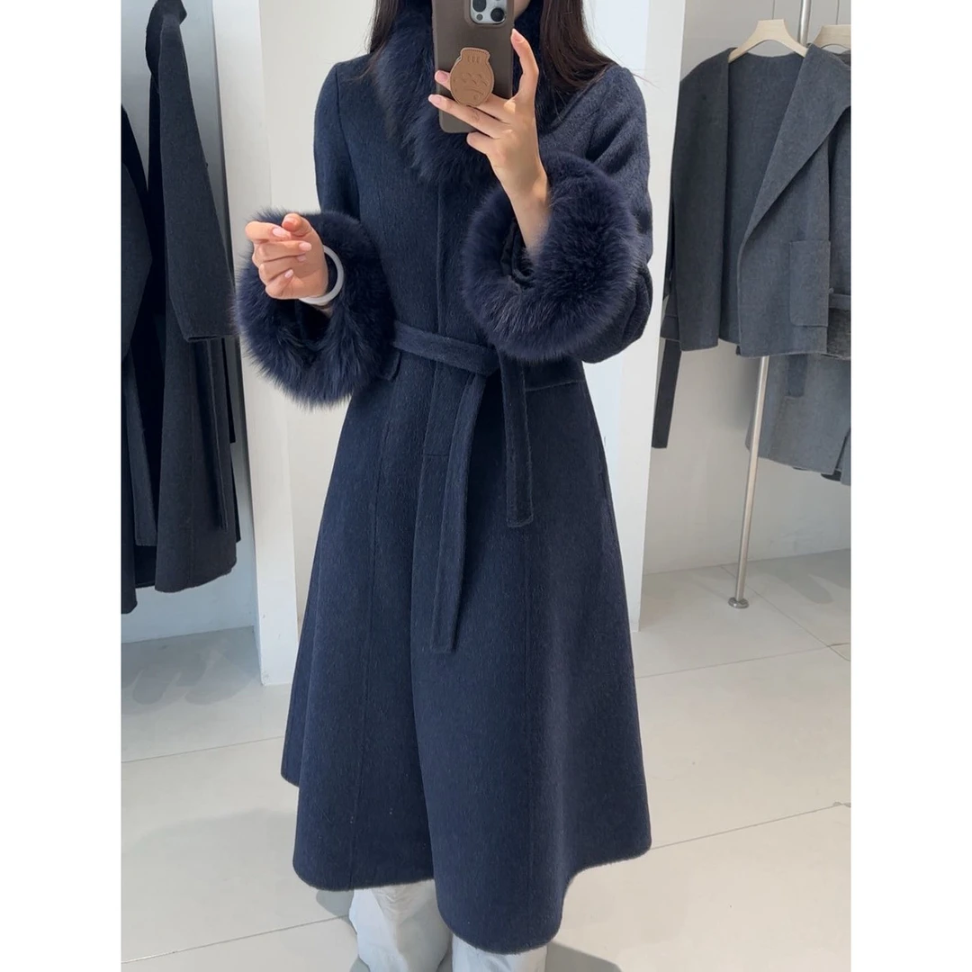 25610修身型长款毛呢外套可拆卸冬季毛领毛袖网红时尚