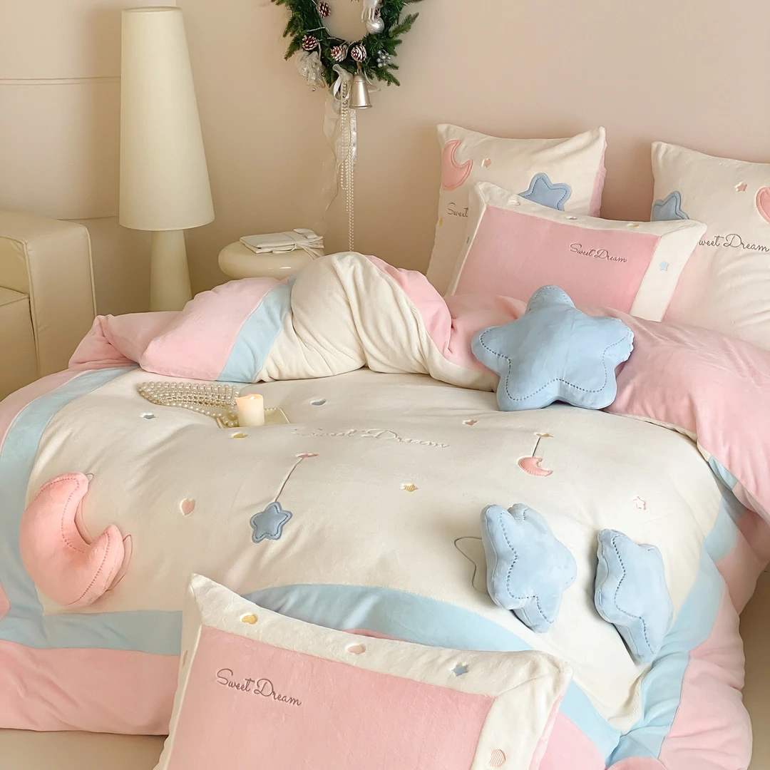 少女心星月冬季加厚牛奶绒四件套珊瑚绒毛保暖被套床单公主风床品