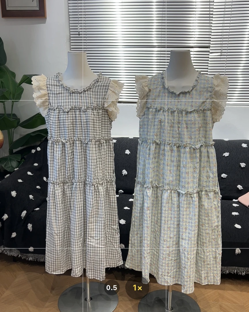 新疆包邮【9348】格子飞飞袖中长款连衣裙-衣长110