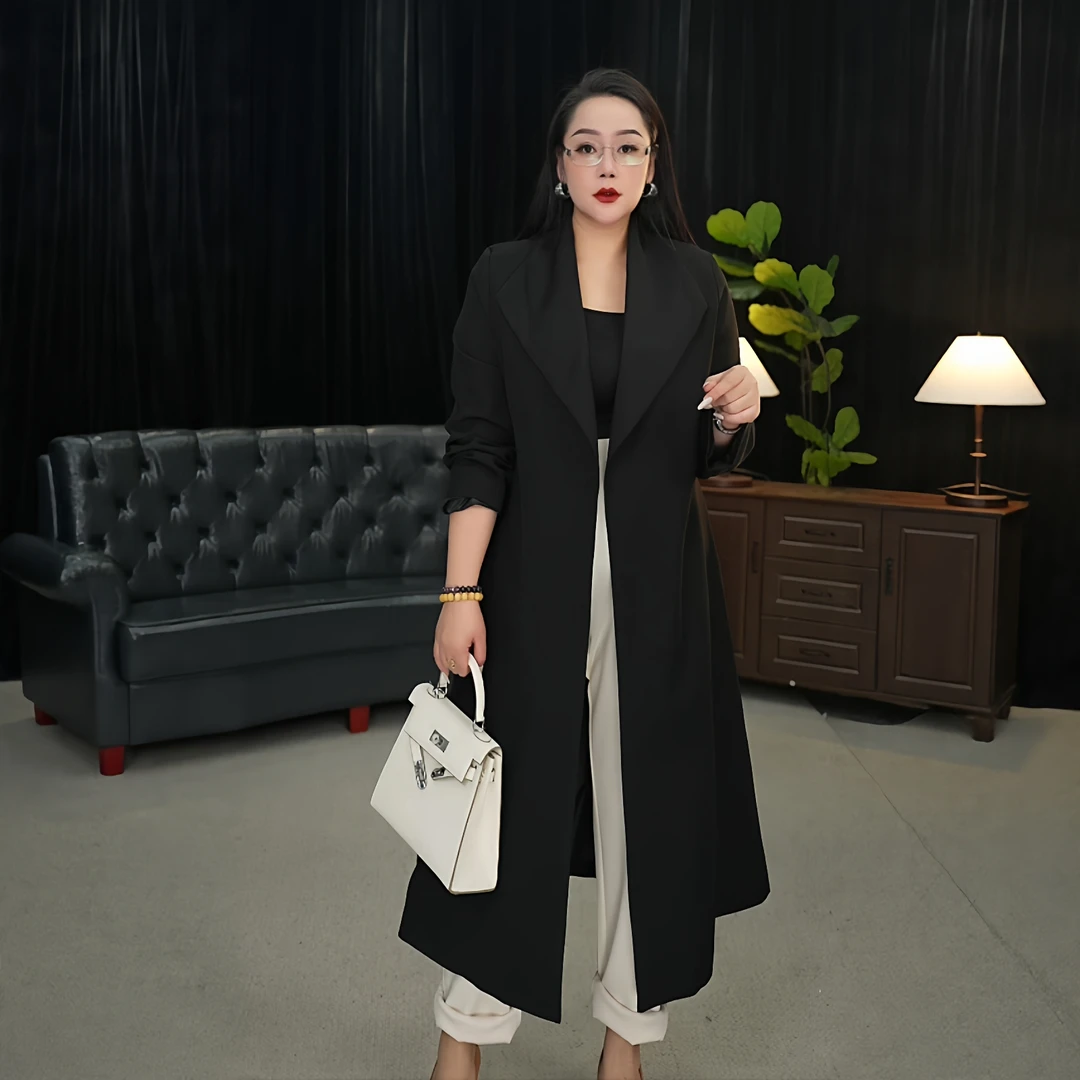 伊馨大码女装赫本风复古御姐范气质大衣2025秋新洋气过膝长款风衣